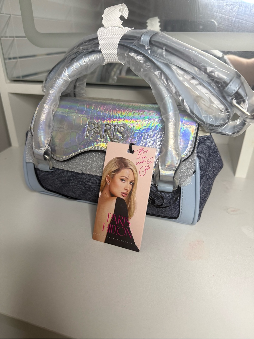 Aris Iridescent Flap Denim Satchel in Light Blue - Picture 3 of 9